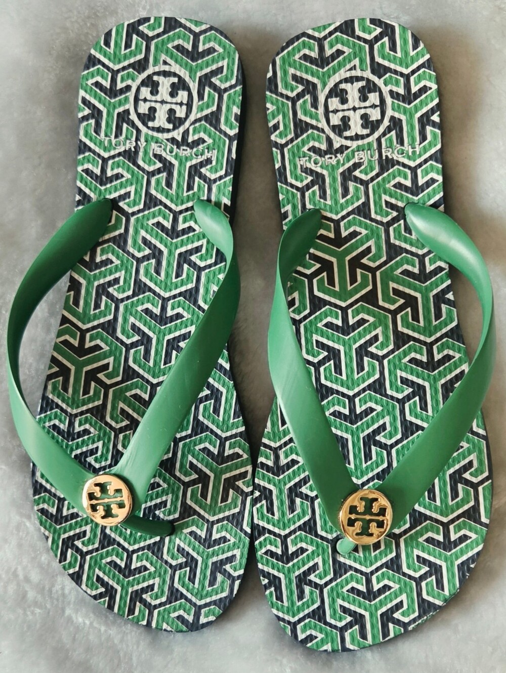 Tory Burch Green Strappy Flip Flops with Navy Geometric Footbed